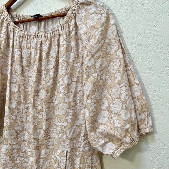 Saks Fifth Avenue Women's Beige Floral Print Linen Cotton Puff Sleeve Midi Dress - Picture 2 of 9